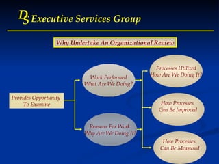 D S Executive Services Group Why Undertake An Organizational Review Provides Opportunity  To Examine Processes Utilized How Are We Doing It? Work Performed What Are We Doing? Reasons For Work  Why Are We Doing It? How Processes  Can Be Measured How Processes  Can Be Improved 
