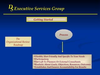 D S Executive Services Group Getting Started  The  Organizational Review  Roadmap Process Flexible, User Friendly And Specific To Your Needs Participatory Not Left To Planners Or External Consultants Realistic About Goals, Objectives, Resources, Outcomes Establishes And Ensures Accountability For Results 