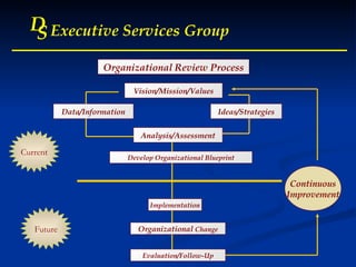 D S Executive Services Group Data/Information Analysis/Assessment Develop Organizational Blueprint Implementation Organizational  Change Evaluation/Follow-Up Ideas/Strategies Vision/Mission/Values Continuous Improvement Future Current Organizational Review Process 