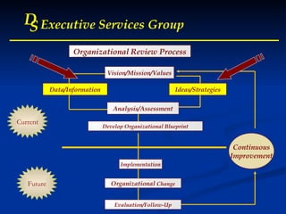 D S Executive Services Group D S Executive Services Group Data/Information Analysis/Assessment Develop Organizational Blueprint Implementation Organizational  Change Evaluation/Follow-Up Ideas/Strategies Vision/Mission/Values Continuous Improvement Future Current Organizational Review Process 