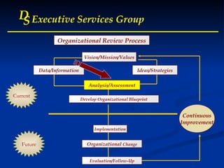 D S Executive Services Group D S Executive Services Group D S Executive Services Group Data/Information Analysis/Assessment Develop Organizational Blueprint Implementation Organizational  Change Evaluation/Follow-Up Ideas/Strategies Vision/Mission/Values Continuous Improvement Future Current Organizational Review Process 
