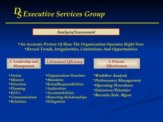 D S Executive Services Group 1. Leadership and Management Analysis/Assessment 2.Structural Efficiency 3. Process  Effectiveness An Accurate Picture Of How The Organization Operates Right Now Reveal Trends, Irregularities, Limitations And Opportunities Vision Mission Direction Planning KSA’s Communication Relations Organization Structure Mandates Roles/Responsibilities Authorities Accountabilities Reporting Relationships Delegation Workflow Analysis Performance Management Operating Procedures Initiatives/Priorities Records/Info. Mgmt 