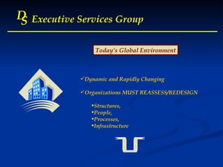 D S Executive Services Group Today’s Global Environment Dynamic and Rapidly Changing Organizations MUST REASSESS/REDESIGN Structures,  People,  Processes,  Infrastructure 