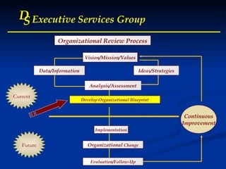 D S Executive Services Group D S Executive Services Group D S Executive Services Group D S Executive Services Group Data/Information Analysis/Assessment Develop Organizational Blueprint Implementation Organizational  Change Evaluation/Follow-Up Ideas/Strategies Vision/Mission/Values Continuous Improvement Future Current Organizational Review Process 