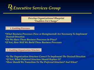 D S Executive Services Group D S Executive Services Group D S Executive Services Group D S Executive Services Group Develop Organizational Blueprint “ Enablers For Change” 1. Enabling Processes 2. Enabling Organization Structure What Business Processes (New or Reengineered) Are Necessary To Implement  Desired Direction Do We Have Those Business Processes In Place? If Not, How Will We Build Those Business Processes Is The Organization Structure Correct To Implement The Desired Direction If Not, What Preferred Structure Should Replace It? How Should We Transition To The Preferred Structure? And When? 