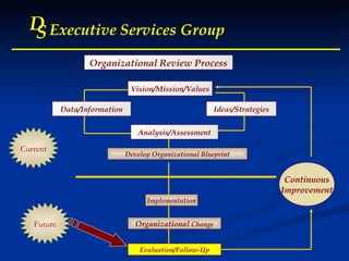 D S Executive Services Group D S Executive Services Group D S Executive Services Group D S Executive Services Group Data/Information Analysis/Assessment Develop Organizational Blueprint Implementation Organizational  Change Evaluation/Follow-Up Ideas/Strategies Vision/Mission/Values Continuous Improvement Future Current Organizational Review Process 