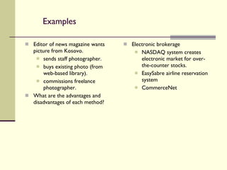 Examples Editor of news magazine wants picture from Kosovo. sends staff photographer. buys existing photo (from web-based library). commissions freelance photographer. What are the advantages and disadvantages of each method? Electronic brokerage NASDAQ system creates electronic market for over-the-counter stocks. EasySabre airline reservation system CommerceNet 