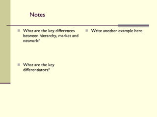 Notes What are the key differences between hierarchy, market and network? What are the key differentiators? Write another example here. 