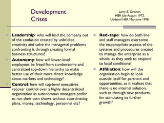 Development Crises Leadership : who will lead the company out of the confusion created by unbridled creativity and solve the managerial problems confronting it through creating formal business structures? Autonomy : how will lower-level employees be freed from cumbersome and centralized top-down hierarchy to make better use of their more direct knowledge about markets and technology? Control : how will top-level executives recover control over a highly decentralized organization as autonomous managers prefer to run their own shows without coordinating plans, money, technology, personnel etc? Red-tape : how do both line and staff managers overcome the inappropriate aspects of the systems and procedures created to manage the enterprise as a whole, as they seek to respond to local conditions? Affiliation : how will the organization begin to look outside itself for partners and opportunities, as it realises that there is no internal solution, such as through new products, for stimulating its further growth? Larry E. Greiner, HBR July-August 1972. Updated HBR May-June 1998. 