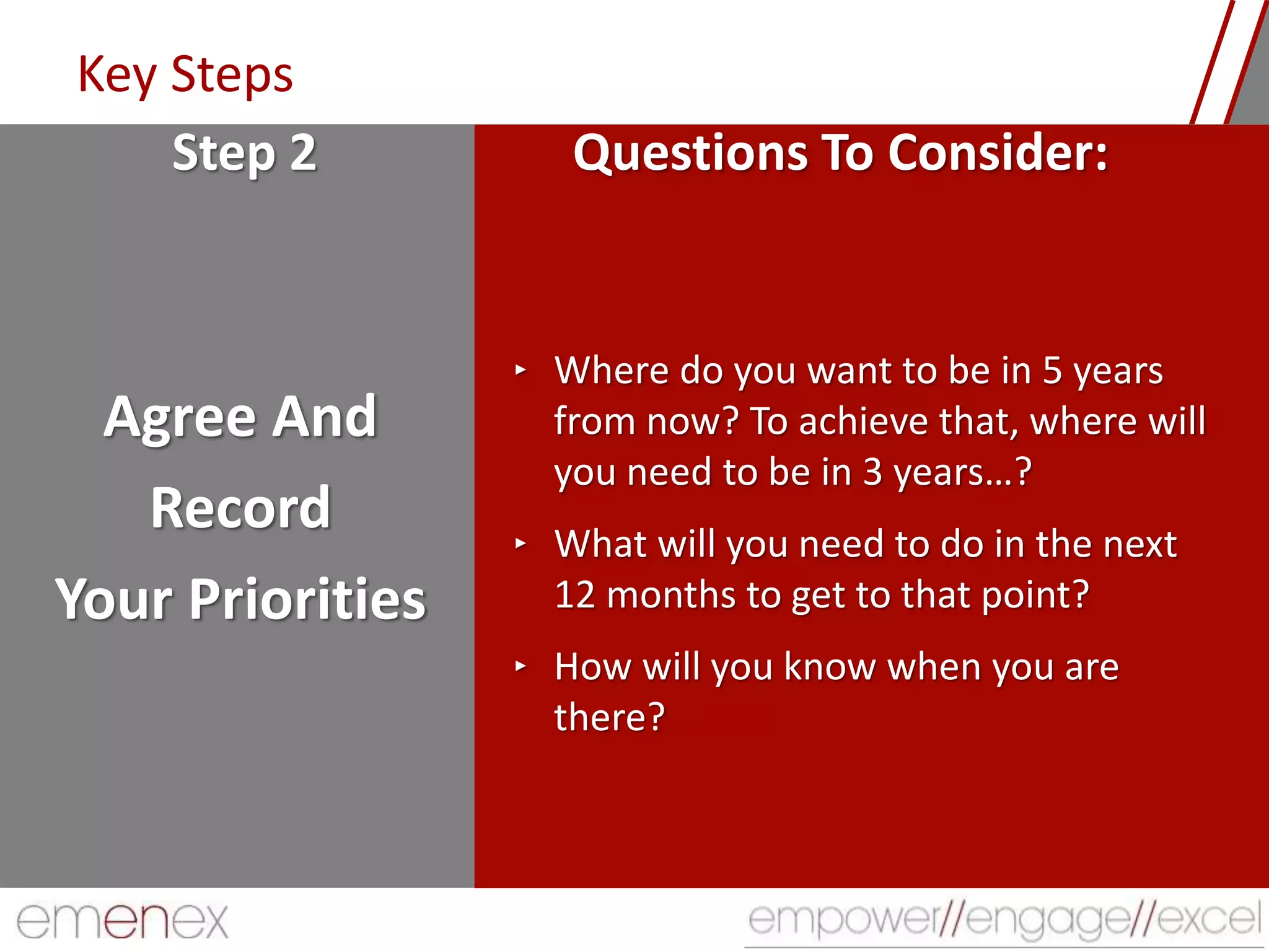 Key Steps
Agree And
Record
Your Priorities
‣ Where do you want to be in 5 years
from now? To achieve that, where will
you need to be in 3 years…?
‣ What will you need to do in the next
12 months to get to that point?
‣ How will you know when you are
there?
Step 2 Questions To Consider:
 