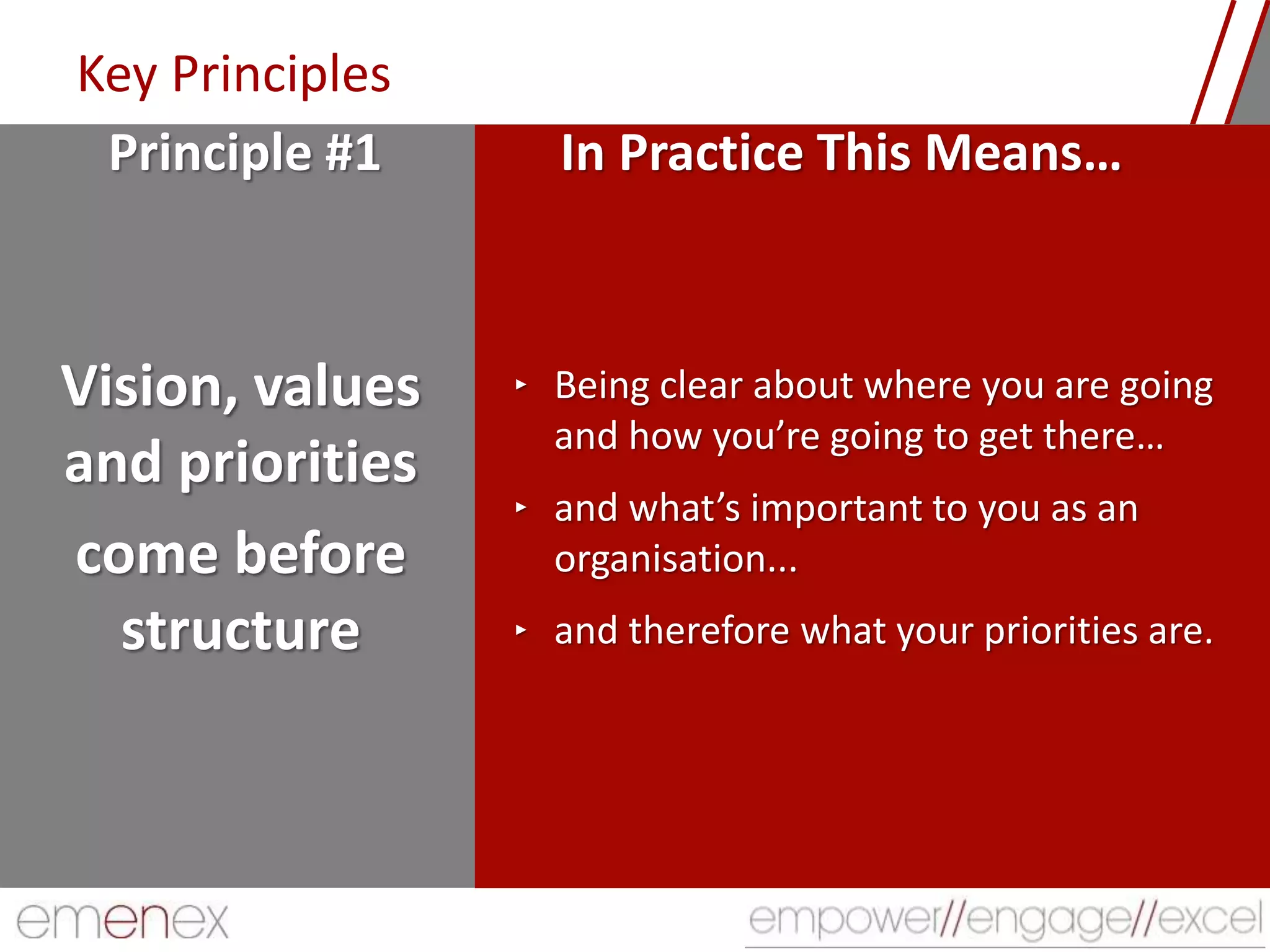 Key Principles
Vision, values
and priorities
come before
structure
‣ Being clear about where you are going
and how you’re going to get there…
‣ and what’s important to you as an
organisation...
‣ and therefore what your priorities are.
Principle #1 In Practice This Means…
 