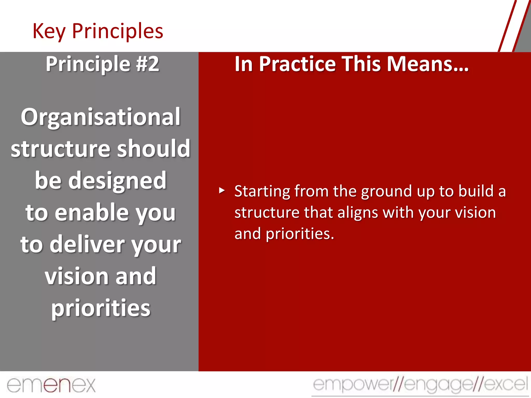 Key Principles
Organisational
structure should
be designed
to enable you
to deliver your
vision and
priorities
▸ Starting from the ground up to build a
structure that aligns with your vision
and priorities.
Principle #2 In Practice This Means…
 