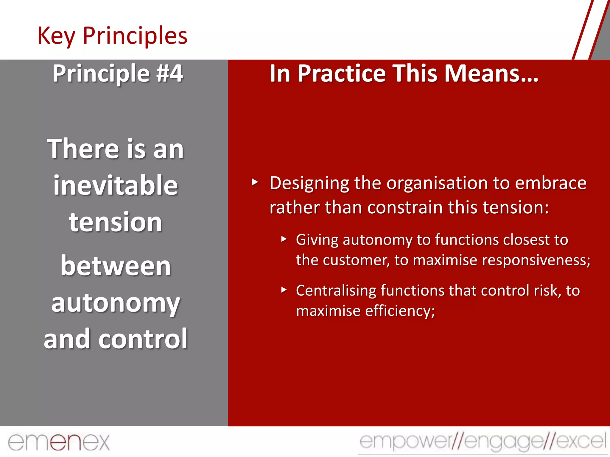 Key Principles
There is an
inevitable
tension
between
autonomy
and control
▸ Designing the organisation to embrace
rather than constrain this tension:
▸ Giving autonomy to functions closest to
the customer, to maximise responsiveness;
▸ Centralising functions that control risk, to
maximise efficiency;
Principle #4 In Practice This Means…
 
