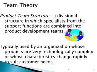 4 -  Team Theory Product Team Structure —a divisional  structure in which specialists from the  support functions are combined into  product development teams.  Typically used by an organization whose  products are very technologically complex or whose characteristics change rapidly to suit customer needs. 