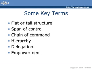 http://www.bized.co.uk



        Some Key Terms
• Flat or tall structure
• Span of control
• Chain of command
• Hierarchy
• Delegation
• Empowerment


                              Copyright 2006 – Biz/ed
 