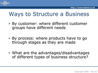 http://www.bized.co.uk



Ways to Structure a Business
• By customer: where different customer
  groups have different needs

• By process: where products have to go
  through stages as they are made

• What are the advantages/disadvantages
  of different types of business structure?


                                   Copyright 2006 – Biz/ed
 