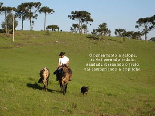 O pensamento a galope, 
se vai parando rodeio, 
saudade mascando o freio, 
vai camperiando a amplidão. 
 