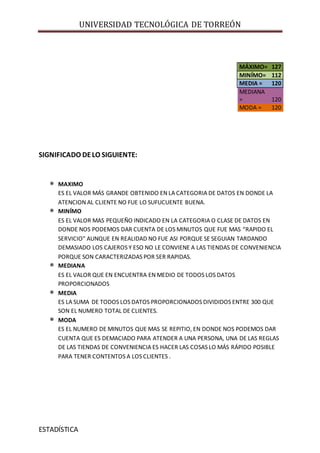 UNIVERSIDAD TECNOLÓGICA DE TORREÓN
ESTADÍSTICA
SIGNIFICADO DELO SIGUIENTE:
MAXIMO
ES EL VALOR MÁS GRANDE OBTENIDO EN LA CATEGORIA DE DATOS EN DONDE LA
ATENCION AL CLIENTE NO FUE LO SUFUCUENTE BUENA.
MINÍMO
ES EL VALOR MAS PEQUEÑO INDICADO EN LA CATEGORIA O CLASE DE DATOS EN
DONDE NOS PODEMOS DAR CUENTA DE LOS MINUTOS QUE FUE MAS “RAPIDO EL
SERVICIO” AUNQUE EN REALIDAD NO FUE ASI PORQUE SE SEGUIAN TARDANDO
DEMASIADO LOS CAJEROS Y ESO NO LE CONVIENE A LAS TIENDAS DE CONVENIENCIA
PORQUE SON CARACTERIZADAS POR SER RAPIDAS.
MEDIANA
ES EL VALOR QUE EN ENCUENTRA EN MEDIO DE TODOS LOS DATOS
PROPORCIONADOS
MEDIA
ES LA SUMA DE TODOS LOS DATOS PROPORCIONADOS DIVIDIDOS ENTRE 300 QUE
SON EL NUMERO TOTAL DE CLIENTES.
MODA
ES EL NUMERO DE MINUTOS QUE MAS SE REPITIO, EN DONDE NOS PODEMOS DAR
CUENTA QUE ES DEMACIADO PARA ATENDER A UNA PERSONA, UNA DE LAS REGLAS
DE LAS TIENDAS DE CONVENIENCIA ES HACER LAS COSAS LO MÁS RÁPIDO POSIBLE
PARA TENER CONTENTOS A LOS CLIENTES .
MÁXIMO= 127
MINÍMO= 112
MEDIA = 120
MEDIANA
= 120
MODA = 120
 