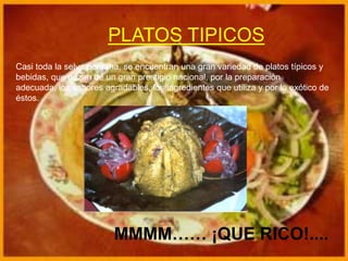 PLATOS TIPICOSCasi toda la selva peruana, se encuentran una gran variedad de platos típicos y bebidas, que gozan de un gran prestigio nacional, por la preparación adecuada, los sabores agradables, los ingredientes que utiliza y por lo exótico de éstos.MMMM…… ¡QUE RICO!....