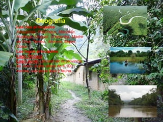 GeografíaLos ríos principalesAmazonas, Putumayo, Marañón, Huallaga, Ucayali, Urubamba, Madre de Dios, Tambo,, Morona, Majes, Colca.Los lagos principalesLago TiticacaLago Junín: ubicado en la provincia de Junín, a una altura de 4,100 metros, con poca flora y fauna. 