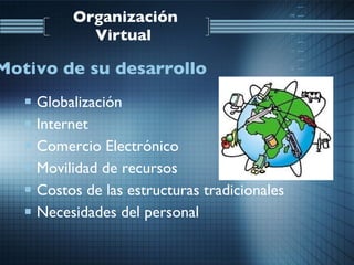Organización Virtual   Globalización Internet  Comercio Electrónico Movilidad de recursos Costos de las estructuras tradicionales Necesidades del personal Motivo de su desarrollo   