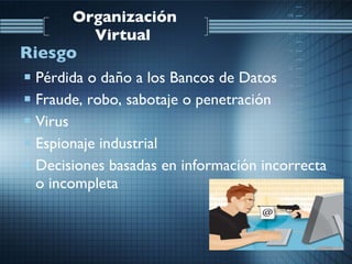 Organización Virtual   Pérdida o daño a los Bancos de Datos  Fraude, robo, sabotaje o penetración Virus  Espionaje industrial  Decisiones basadas en información incorrecta o incompleta Riesgo   