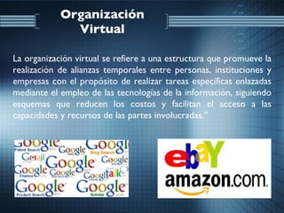Organización Virtual La organización virtual se refiere a una estructura que promueve la realización de alianzas temporales entre personas, instituciones y empresas con el propósito de realizar tareas específicas enlazadas mediante el empleo de las tecnologías de la información, siguiendo esquemas que reducen los costos y facilitan el acceso a las capacidades y recursos de las partes involucradas.” 