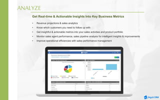 ANALYZE
Get Real-time & Actionable Insights Into Key Business Metrics
• Revenue projections & sales analytics
• Know which customers you need to follow up with
• Get insightful & actionable metrics into your sales activities and product portfolio
• Monitor sales agent performance, sales pipeline analysis for intelligent insights & improvements
• Improve operational efficiencies with sales performance management
 