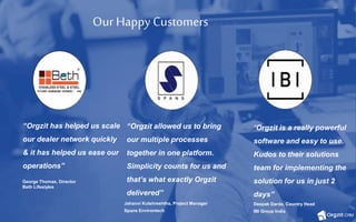 Our Happy Customers
“Orgzit has helped us scale
our dealer network quickly
& it has helped us ease our
operations”
George Thomas, Director
Beth Lifestyles
“Orgzit allowed us to bring
our multiple processes
together in one platform.
Simplicity counts for us and
that’s what exactly Orgzit
delivered”
Jahanvi Kulshreshtha, Project Manager
Spans Environtech
“Orgzit is a really powerful
software and easy to use.
Kudos to their solutions
team for implementing the
solution for us in just 2
days”
Deepak Darda, Country Head
IBI Group India
 