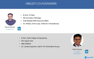 26
ORGZIT CO-FOUNDERS
Nitin Verma
Co-Founder
HeadofBusiness
• B.Tech, Delhi College of Engineering
• MS Virginia Tech
• MBA INSEAD
• Ex- Carollo Engineers, IL&FS, IFC (World Bank Group)
• B.Tech, IIT Delhi
• MS University of Michigan
• Gold Medalist IIMK (Executive MBA)
• Ex- NetApp, Sumo Logic, Solidcore, IndustryBuying
Pavan Verma
Co-Founder,CTO
 
