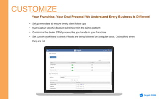CUSTOMIZE
Your Franchise, Your Deal Process! We Understand Every Business Is Different!
•  Setup reminders to ensure timely client-follow ups
•  Run location specific discount schemes from the same platform
•  Customize the dealer CRM process like you handle in your franchise
•  Set custom workflows to check if leads are being followed on a regular basis. Get notified when
they are not
 