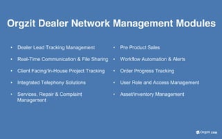 Orgzit Dealer Network Management Modules
•  Dealer Lead Tracking Management •  Pre Product Sales
•  Real-Time Communication & File Sharing •  Workflow Automation & Alerts
•  Client Facing/In-House Project Tracking •  Order Progress Tracking
•  Integrated Telephony Solutions •  User Role and Access Management
•  Services, Repair & Complaint
Management
•  Asset/inventory Management
CRM
 