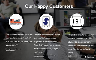 Our Happy Customers
“Orgzit has helped us scale
our dealer network quickly
& it has helped us ease our
operations”
George Thomas, Director
Beth Lifestyles
“Orgzit allowed us to bring
our multiple processes
together in one platform.
Simplicity counts for us and
that’s what exactly Orgzit
delivered”
Jahanvi Kulshreshtha, Project Manager
Spans Environtech
“Orgzit is a really powerful
software and easy to use.
Kudos to their solutions
team for implementing the
solution for us in just 2
days”
Deepak Darda, Country Head
IBI Group India CRM
 