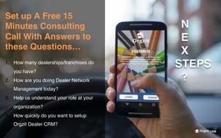 Set up A Free 15
Minutes Consulting
Call With Answers to
these Questions…
1.  How many dealerships/franchises do
you have?
2.  How are you doing Dealer Network
Management today?
3.  Help us understand your role at your
organization?
4.  How quickly do you want to setup
Orgzit Dealer CRM?
N
E
X
STEPS
?
CRM
 