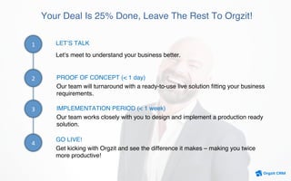 Your Deal Is 25% Done, Leave The Rest To Orgzit!
1	
2	 PROOF OF CONCEPT (< 1 day)
Our team will turnaround with a ready-to-use live solution ﬁtting your business
requirements.
3	 IMPLEMENTATION PERIOD (< 1 week)
Our team works closely with you to design and implement a production ready
solution.
4	
GO LIVE!
Get kicking with Orgzit and see the difference it makes – making you twice
more productive!
LET’S TALK
Let’s meet to understand your business better.
 