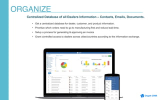 ORGANIZE
Centralized Database of all Dealers Information – Contacts, Emails, Documents.
•  Get a centralized database for dealer, customer, and product information.
•  Prioritize which orders need to go to manufacturing first and reduce lead-time.
•  Setup a process for generating & approving an invoice
•  Grant controlled access to dealers across cities/countries according to the information exchange.
 