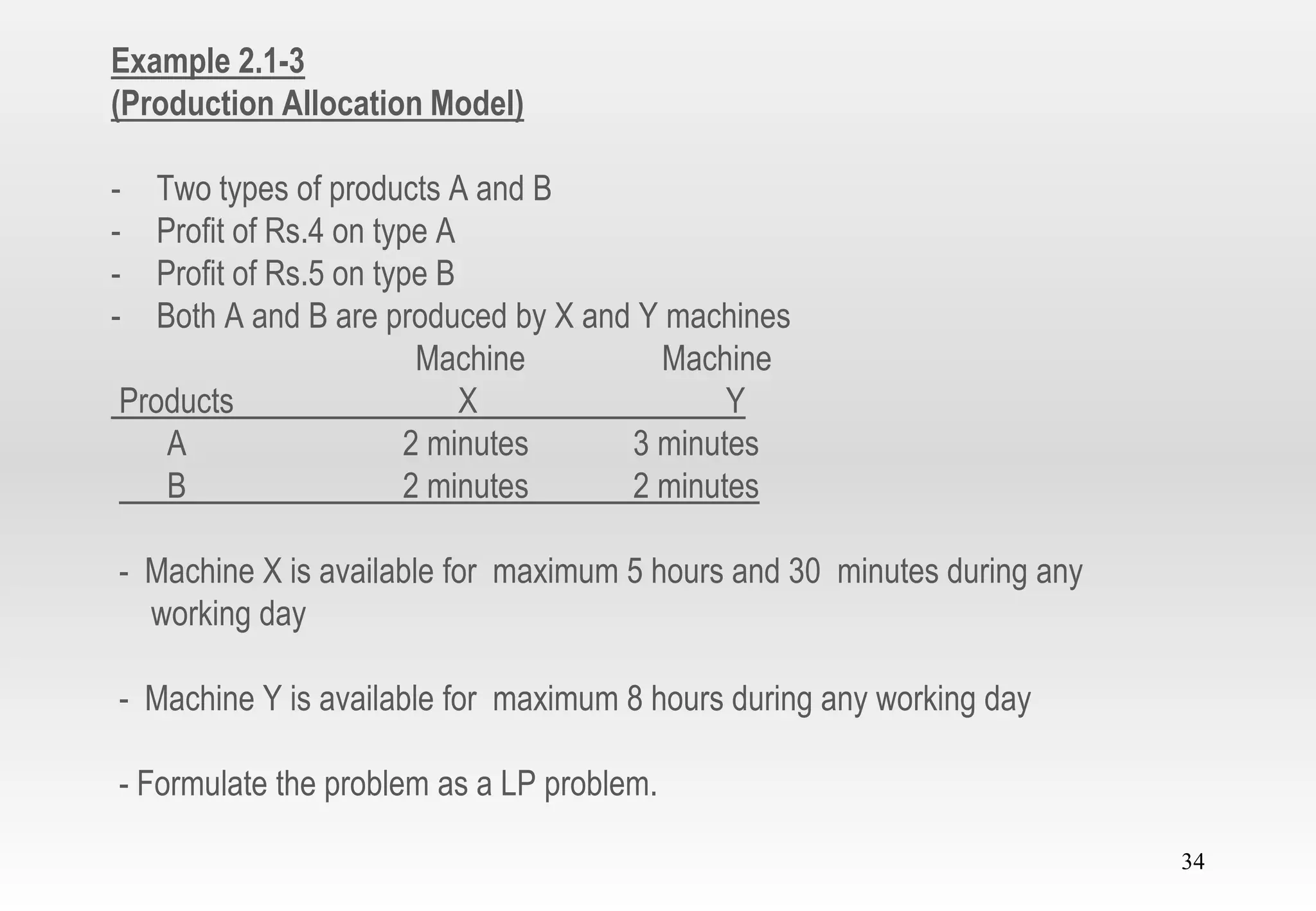 34
Example 2.1-3
(Production Allocation Model)
- Two types of products A and B
- Profit of Rs.4 on type A
- Profit of Rs.5 on type B
- Both A and B are produced by X and Y machines
Machine Machine
Products X Y
A 2 minutes 3 minutes
B 2 minutes 2 minutes
- Machine X is available for maximum 5 hours and 30 minutes during any
working day
- Machine Y is available for maximum 8 hours during any working day
- Formulate the problem as a LP problem.
 