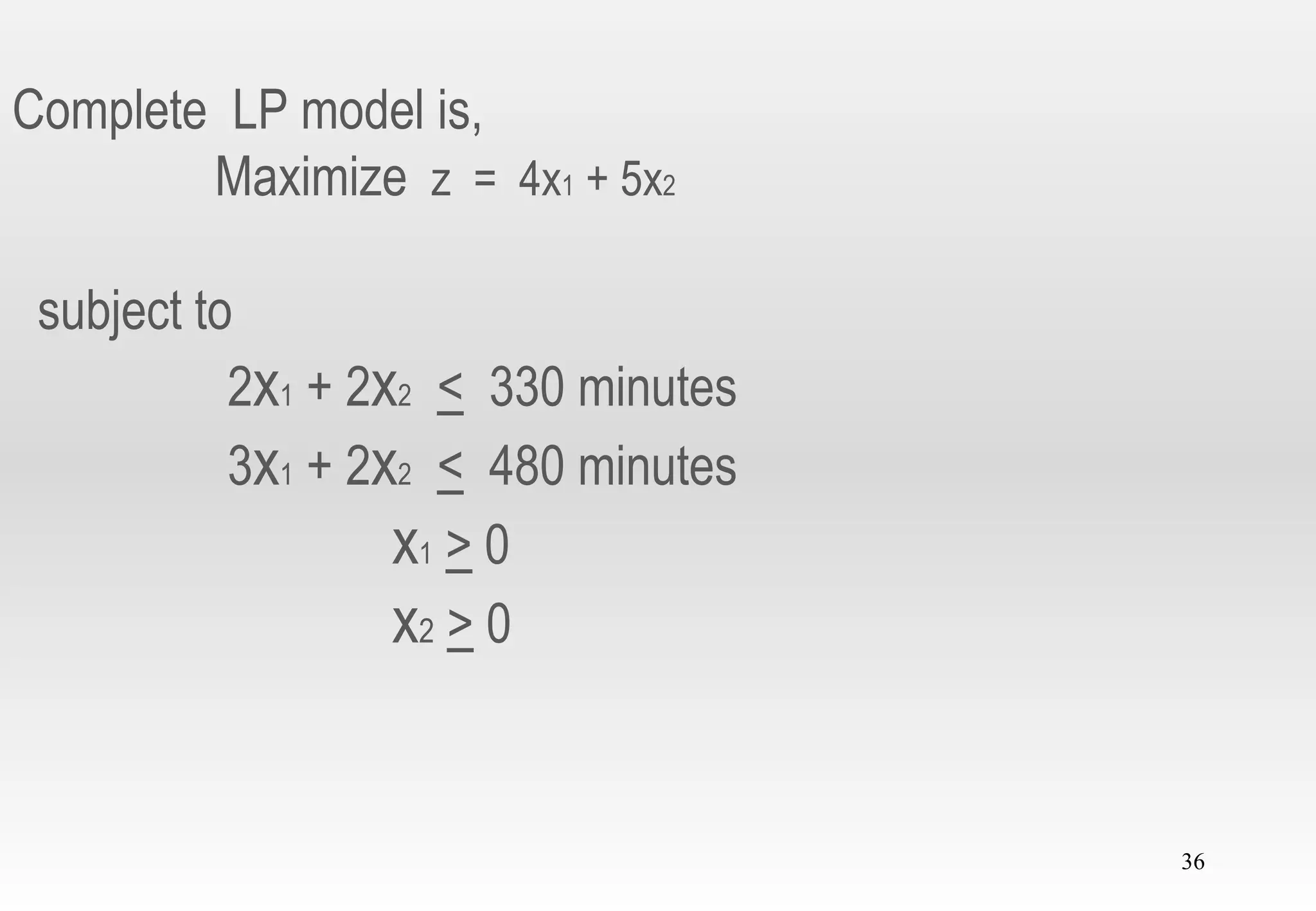 36
Complete LP model is,
Maximize z = 4x1 + 5x2
subject to
2x1 + 2x2 < 330 minutes
3x1 + 2x2 < 480 minutes
x1 > 0
x2 > 0
 