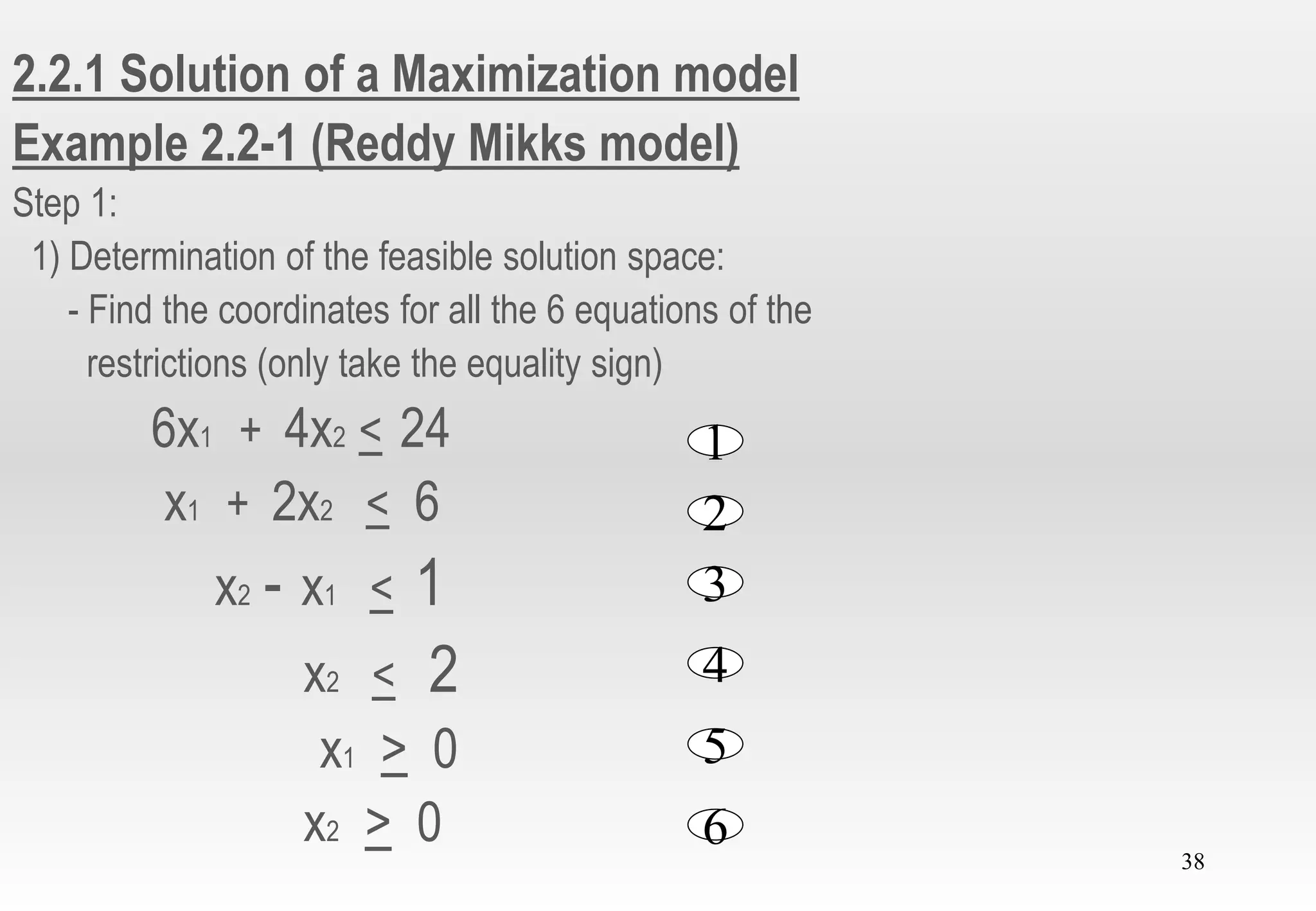 38
2.2.1 Solution of a Maximization model
Example 2.2-1 (Reddy Mikks model)
Step 1:
1) Determination of the feasible solution space:
- Find the coordinates for all the 6 equations of the
restrictions (only take the equality sign)
6x1 + 4x2 < 24
x1 + 2x2 < 6
x2 - x1 < 1
x2 < 2
x1 > 0
x2 > 0
1
2
3
4
5
6
 