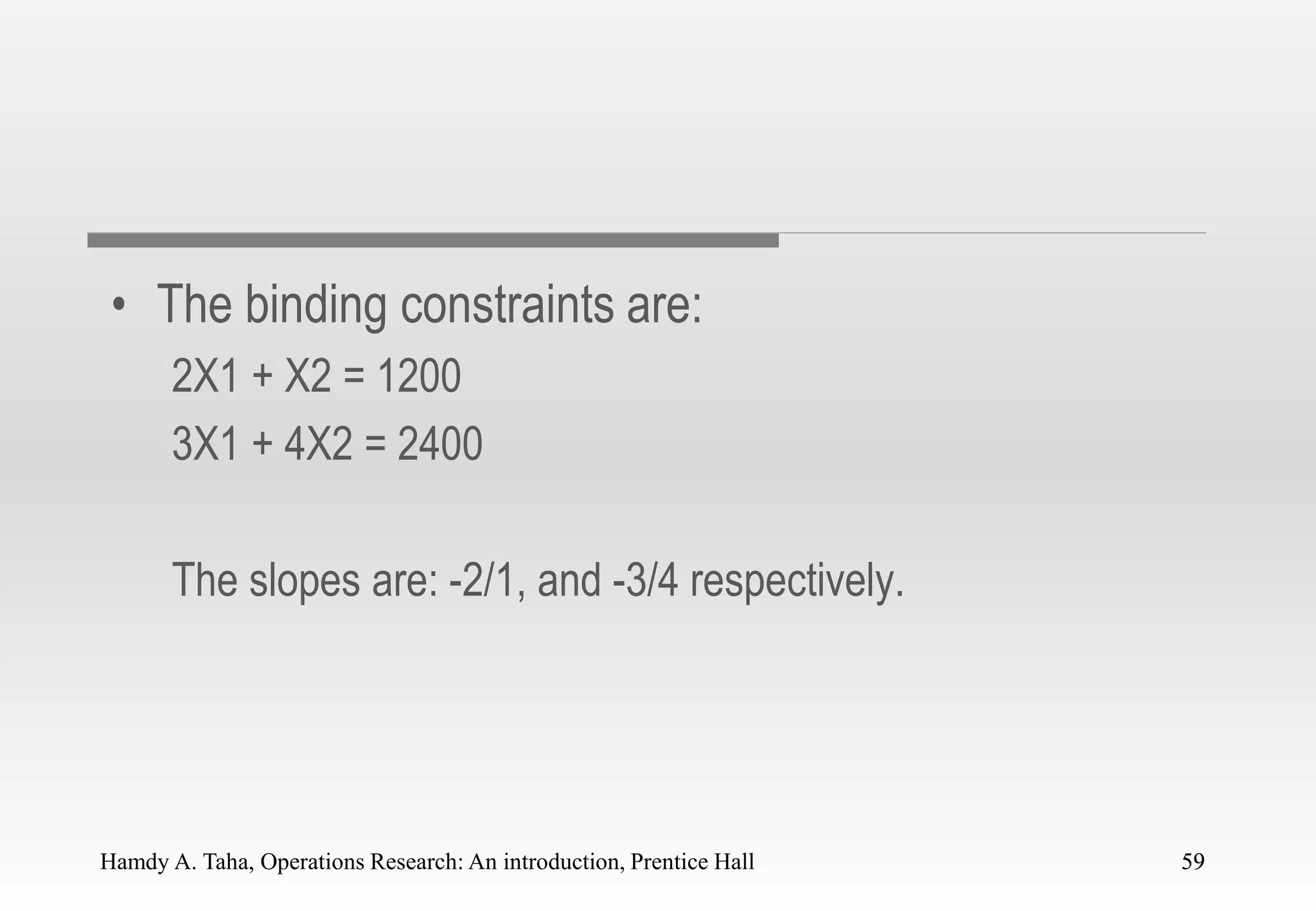 Hamdy A. Taha, Operations Research: An introduction, Prentice Hall 59
• The binding constraints are:
2X1 + X2 = 1200
3X1 + 4X2 = 2400
The slopes are: -2/1, and -3/4 respectively.
59
 