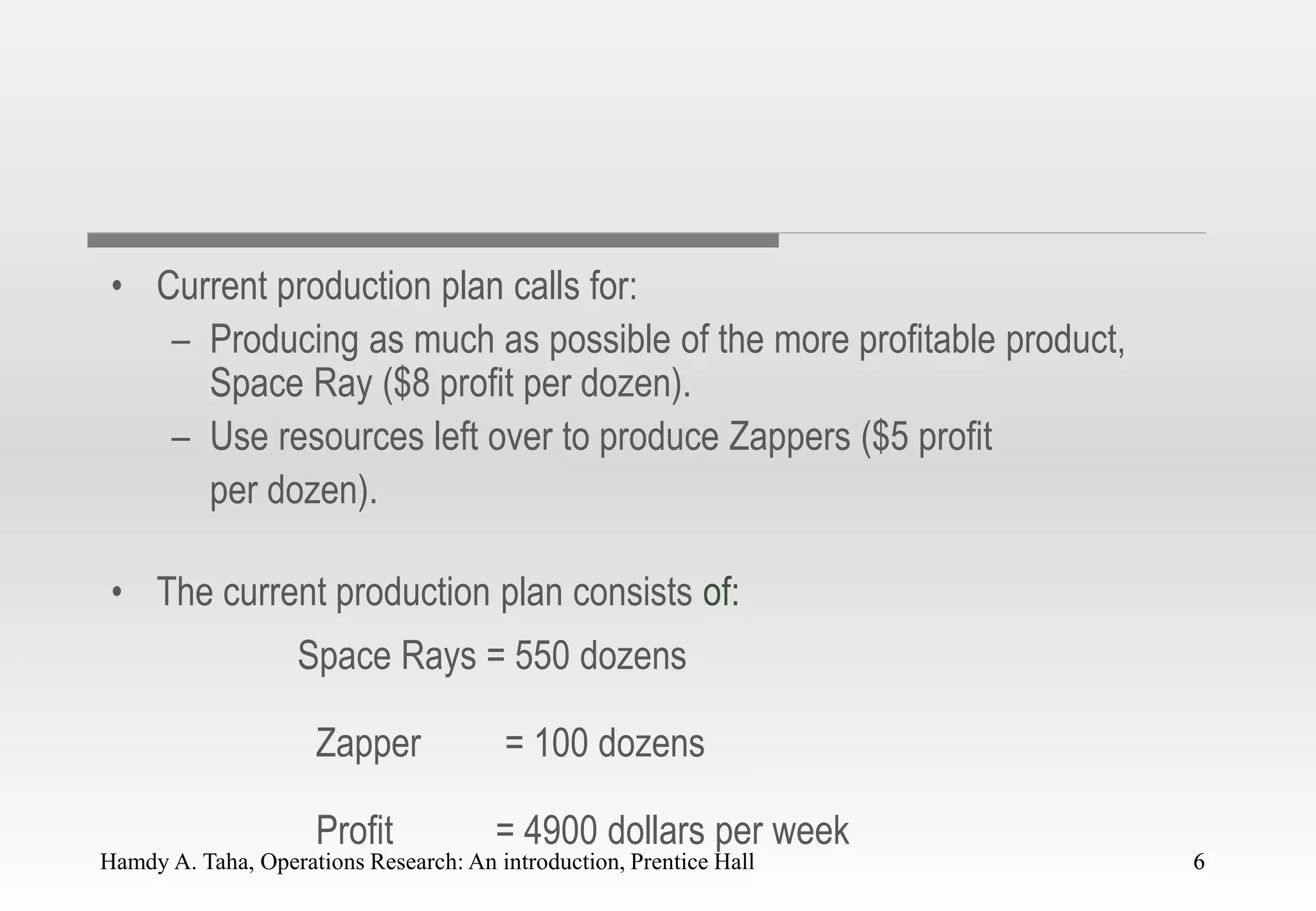 Hamdy A. Taha, Operations Research: An introduction, Prentice Hall 6
• Current production plan calls for:
– Producing as much as possible of the more profitable product,
Space Ray ($8 profit per dozen).
– Use resources left over to produce Zappers ($5 profit
per dozen).
• The current production plan consists of:
Space Rays = 550 dozens
Zapper = 100 dozens
Profit = 4900 dollars per week
6
 