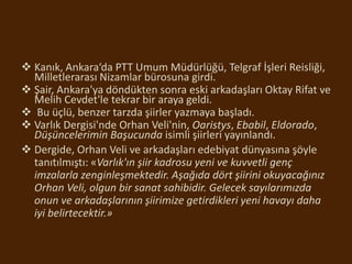  Kanık, Ankara‘da PTT Umum Müdürlüğü, Telgraf İşleri Reisliği,
Milletlerarası Nizamlar bürosuna girdi.
 Şair, Ankara'ya döndükten sonra eski arkadaşları Oktay Rifat ve
Melih Cevdet'le tekrar bir araya geldi.
 Bu üçlü, benzer tarzda şiirler yazmaya başladı.
 Varlık Dergisi'nde Orhan Veli'nin, Oaristys, Ebabil, Eldorado,
Düşüncelerimin Başucunda isimli şiirleri yayınlandı.
 Dergide, Orhan Veli ve arkadaşları edebiyat dünyasına şöyle
tanıtılmıştı: «Varlık'ın şiir kadrosu yeni ve kuvvetli genç
imzalarla zenginleşmektedir. Aşağıda dört şiirini okuyacağınız
Orhan Veli, olgun bir sanat sahibidir. Gelecek sayılarımızda
onun ve arkadaşlarının şiirimize getirdikleri yeni havayı daha
iyi belirtecektir.»
 