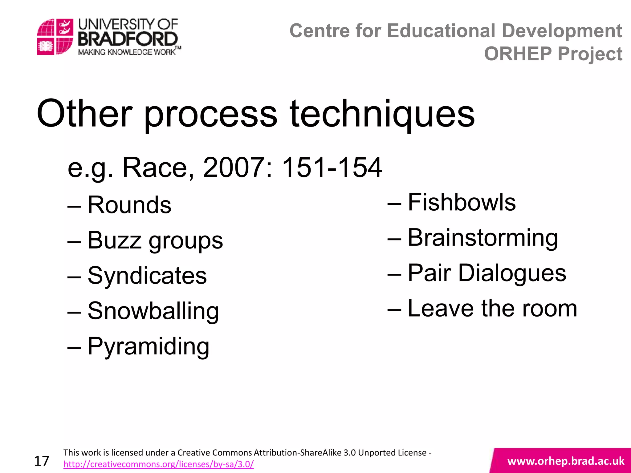 Centre for Educational Development
                                                                                 ORHEP Project


Other process techniques
      e.g. Race, 2007: 151-154
      – Rounds                                                                       – Fishbowls
      – Buzz groups                                                                  – Brainstorming
      – Syndicates                                                                   – Pair Dialogues
      – Snowballing                                                                  – Leave the room
      – Pyramiding
                                                                                                    www.orhep.brad.ac.uk



     This work is licensed under a Creative Commons Attribution-ShareAlike 3.0 Unported License -
17   http://creativecommons.org/licenses/by-sa/3.0/                                                     www.orhep.brad.ac.uk
 