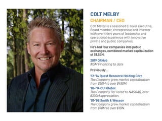 COLT MELBY
CHAIRMAN / CEO
Colt Melby is a seasoned C-level executive,
Board member, entrepreneur and investor
with over thirty years of leadership and
operational experience with innovative
private and public companies.
He’s led four companies into public
exchanges, combined market capitalization
of $1.5BN.
2019 ORHub
$15M Financing to date
Previously…
’12-’14 Quest Resource Holding Corp
The Company grew market capitalization
from $20M to over $450M.
’06-’14 CUI Global
The Company Up-listed to NASDAQ, over
$300M appreciation.
’01-’08 Smith & Wesson
The Company grew market capitalization
from $70M to over $1BN.
 
