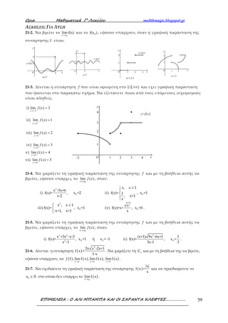 Ορια Μαθηµατικά Γ’ Λυκείου mathhmagic.blogspot.gr
ΕΠΙΜΕΛΕΙΑ : Ο ΑΛΙ ΜΠΑΜΠΑ ΚΑΙ ΟΙ ΣΑΡΑΝΤΑ ΚΛΕΦΤΕΣ………………. 59
ΑΣΚΗΣΕΙΣ ΓΙΑ ΛΥΣΗ
21-2. Να βρείτε το
0x x
lim f(x)
→
και το 0f(x ) , εφόσον υπάρχουν, όταν η γραφική παράσταση της
συνάρτησης f είναι:
21-3. Δίνεται η συνάρτηση f που είναι ορισμένη στο [-2,+ )∞ και έχει γραφική παράσταση
που φαίνεται στο παρακάτω σχήμα. Να εξετάσετε ποιοι από τους επόμενους ισχυρισμούς
είναι αληθείς.
i) 2)(lim
2
=
−→
xf
x
ii) 1)(lim
1
=
+→
xf
x
iii) 2)(lim
1
=
→
xf
x
iv) 3)(lim
2
=
→
xf
x
v) 4)(lim
3
=
→
xf
x
vi) 3)(lim
4
=
→
xf
x
21-4. Να χαράξετε τη γραφική παράσταση της συνάρτησης f και με τη βοήθεια αυτής να
βρείτε, εφόσον υπάρχει, το )(lim
0
xf
xx→
, όταν:
i)
2
x -5x+6
f(x)=
x-2
, 0x =2 ii)
x, x 1
f(x)= 1
, x>1
x
≤



, 0x =1
iii)
2
x , x 1
f(x)=
-x+1, x>1
 ≤


, 0x =1 iv)
2
x
f(x)=x+
x
, 0x =0 .
21-5. Να χαράξετε τη γραφική παράσταση της συνάρτησης f και με τη βοήθεια αυτής να
βρείτε, εφόσον υπάρχει, το )(lim
0
xf
xx→
, όταν:
i)
3 2
2
x +3x -x-3
f(x)=
x -1
, 0x =1 ή 0x = -1 ii)
2
(x+1) 9x -6x+1
f(x)=
3x-1
, 0
1
x =
3
.
21-6. Δίνεται η συνάρτηση ( )
2
2x x -2x+1
f x =
1-x
. Να χαράξετε τη fC και με τη βοήθεια της να βρείτε,
εφόσον υπάρχουν, τα ( ) ( ) ( ) ( )x 1x 1 x 1
1 ,lim f x ,lim f x , lim f x+ − →→ →
f .
21-7. Να σχεδιάσετε τη γραφική παράσταση της συνάρτησης ( )
x
f x =
x
και να προσδιορίσετε το
0x ∈ ℝ στο οποίο δεν υπάρχει το ( )
0x x
lim f x
→
.
O
x0=3
y=f(x)
3
2
x
y
O
y=f(x)
x0=2
2
4
2
x
y
O
x0=1,2
y=f(x)
1
1
2
2 x
y
O
x0=1,2,3
y=f(x)
1
1
2
32 x
y
O
y=f(x)
1
1
4
3
2
43-2 2 x
y
 