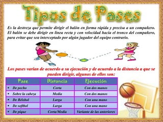 Pase Distancia Ejecución
 De pecho Corta Con dos manos
 Sobre la cabeza Media Con dos manos
 De Béisbol Larga Con una mano
 De softbol Larga Con una mano
 De pique Corta/Media Variante de las anteriores
Es la destreza que permite dirigir el balón en forma rápida y precisa a un compañero.
El balón se debe dirigir en línea recta y con velocidad hacia el tronco del compañero,
para evitar que sea interceptado por algún jugador del equipo contrario.
Los pases varían de acuerdo a su ejecución y de acuerdo a la distancia a que se
pueden dirigir, algunos de ellos son:
 