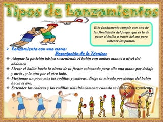 Este fundamento cumple con una de
las finalidades del juego, que es la de
pasar el balón a través del aro para
obtener los puntos.
 Lanzamiento con una mano:
Descripción de la Técnica:
 Adoptar la posición básica sosteniendo el balón con ambas manos a nivel del
abdomen
 Llevar el balón hacia la altura de tu frente colocando para ello una mano por debajo
y atrás , y la otra por el otro lado.
 Flexionar un poco más las rodillas y caderas, dirige tu mirada por debajo del balón
hacia el aro.
 Extender las caderas y las rodillas simultáneamente cuando se inicie el lanzamiento.
 