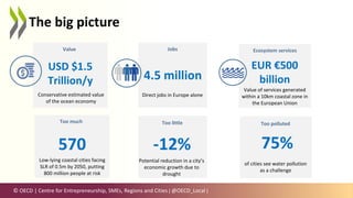 © OECD | Centre for Entrepreneurship, SMEs, Regions and Cities | @OECD_Local |
The big picture
Low-lying coastal cities facing
SLR of 0.5m by 2050, putting
800 million people at risk
570
Too much
Direct jobs in Europe alone
4.5 million
75%
of cities see water pollution
as a challenge
Too polluted
Conservative estimated value
of the ocean economy
USD $1.5
Trillion/y
Value
EUR €500
billion
Value of services generated
within a 10km coastal zone in
the European Union
Jobs Ecosystem services
-12%
Too little
Potential reduction in a city’s
economic growth due to
drought
 