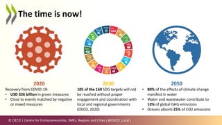 © OECD | Centre for Entrepreneurship, SMEs, Regions and Cities | @OECD_Local |
The time is now!
2020
Recovery from COVID-19:
• USD 336 billion in green measures
• Close to evenly matched by negative
or mixed measures
2030
105 of the 169 SDG targets will not
be reached without proper
engagement and coordination with
local and regional governments
(OECD, 2020)
2050
• 80% of the effects of climate change
manifest in water
• Water and wastewater contribute to
10% of global GHG emissions
• Oceans absorb 25% of CO2 emissions
 