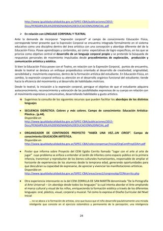 24
http://www.igualdadycalidadcba.gov.ar/SIPEC-CBA/publicaciones/2015-
Docs/PENSAR%20LA%20ENSENANZA%20EDUCACION%20INICIAL.pdf
 En relación con LENGUAJE CORPORAL Y TEATRAL
Ante la demanda de incorporar “expresión corporal” al campo de conocimiento Educación Física,
corresponde tener presente que la Expresión Corporal se encuentra integrada formalmente en el sistema
educativo como una disciplina dentro del área artística con una concepción y abordaje diferente del de la
Educación Física. Posee aprendizajes y contenidos, así como expectativas de logro específicos, en los que se
prioriza como objetivo central el desarrollo de un lenguaje corporal propio y se pretende la búsqueda de
respuestas personales de movimiento impulsadas desde procedimientos de exploración, producción y
comunicación artística y estética.
Si bien la Educación Física posee con el Teatro, en relación con la Expresión Corporal, puntos de encuentro,
desde lo teatral se destaca un enfoque propedéutico orientado al desarrollo de creatividad, originalidad,
sensibilidad y movimiento expresivo, dentro de la formación artística del estudiante. En Educación Física, en
cambio, la expresión corporal enfoca su atención en el desarrollo orgánico funcional del estudiante; tiende
hacia la eficiencia del movimiento y al desarrollo de habilidades motrices.
Desde lo teatral, la iniciación a la expresión corporal, persigue el objetivo de que el estudiante adquiera
autoconocimiento, reconocimiento y valoración de las posibilidades expresivas de su cuerpo en relación con
el movimiento expresivo y comunicativo, desarrollando habilidades y gusto artístico.
Sugerimos la consulta de los siguientes recursos que pueden facilitar los abordajes de los distintos
lenguajes
 SECUENCIA DIDÁCTICA: Colores y más colores. Campo de conocimiento: Educación Artística-
Plástica-. (p.44).
Disponible en
http://www.igualdadycalidadcba.gov.ar/SIPEC-CBA/publicaciones/2015-
Docs/PENSAR%20LA%20ENSENANZA%20EDUCACION%20INICIAL.pdf
 ORGANIZADOR DE CONTENIDOS PROYECTO “HABÍA UNA VEZ…UN CIRCO”. Campo de
conocimiento EDUCACIÓN ARTÍSTICA.
Disponible en
http://www.igualdadycalidadcba.gov.ar/SIPEC-CBA/coleccionpensar/Inicial/OrgContProyEDArt.pdf
 Poster que informa sobre Proyecto del CENI Egidio Cerrito llamado “Jugar con el arte al arte de
jugar” cuyo problema se enfoca a entender al Jardín de Infantes como espacio público en la primera
infancia, transmisor y reproductor de los bienes culturales humanizantes, responsable de ampliar el
horizonte de experiencias de los alumnos desde la temprana edad, generando oportunidades para
que descubran su capacidad de expresarse, de apreciar y vivenciar las manifestaciones artísticas.
Disponible en
http://www.igualdadycalidadcba.gov.ar/SIPEC-CBA/areas/area1/congresobp/CENIcerrito.php
 Otra experiencia interesante es la del CENI ZORRILLA DE SAN MARTÍN denominada “De la Pictografía
al Arte Universal – Un abordaje desde todos los lenguajes” la cual intenta abordar el Arte ampliando
el marco cultural y visual de los niños, enriqueciendo la formación estética a través de los diferentes
lenguajes: oral, plástico, visual, corporal y musical. Tal como lo expresa el Diseño Curricular del Nivel
Inicial
… no se aboca a la formación de artistas, sino que busca que el niño desarrolle paulatinamente una mirada
inteligente que consiste en el ejercicio sistemático y permanente de la percepción; una inteligencia
 